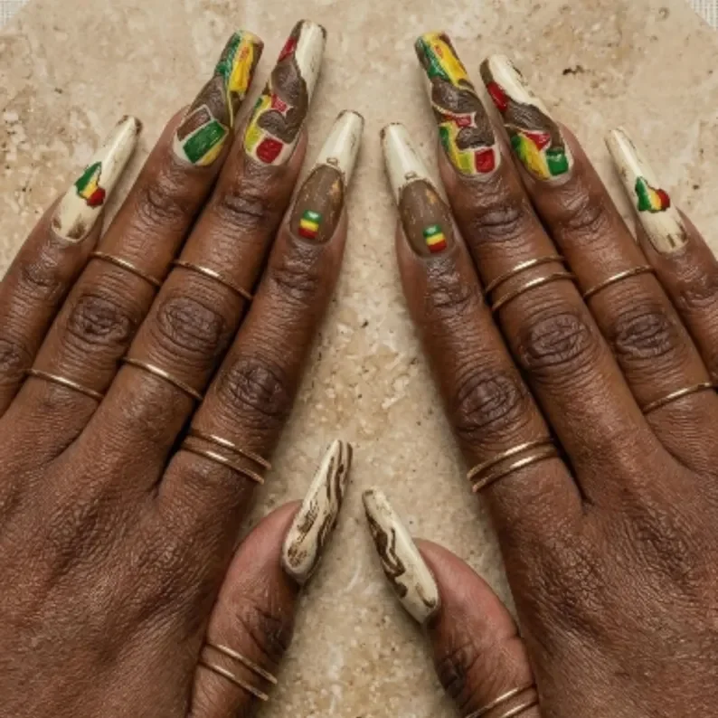 heritage nail design, African-inspired nails, press on nails, custom press on nails, fake nails, Nails Art, stained glass nails, gold press on nails, 3d press on nails, luxury press on nails, handmade press on nails