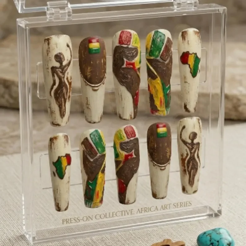 Africa art, abstract nails, press on nails, custom press on nails, fake nails, Nails Art, stained glass nails, gold press on nails, 3d press on nails, luxury press on nails, handmade press on nails