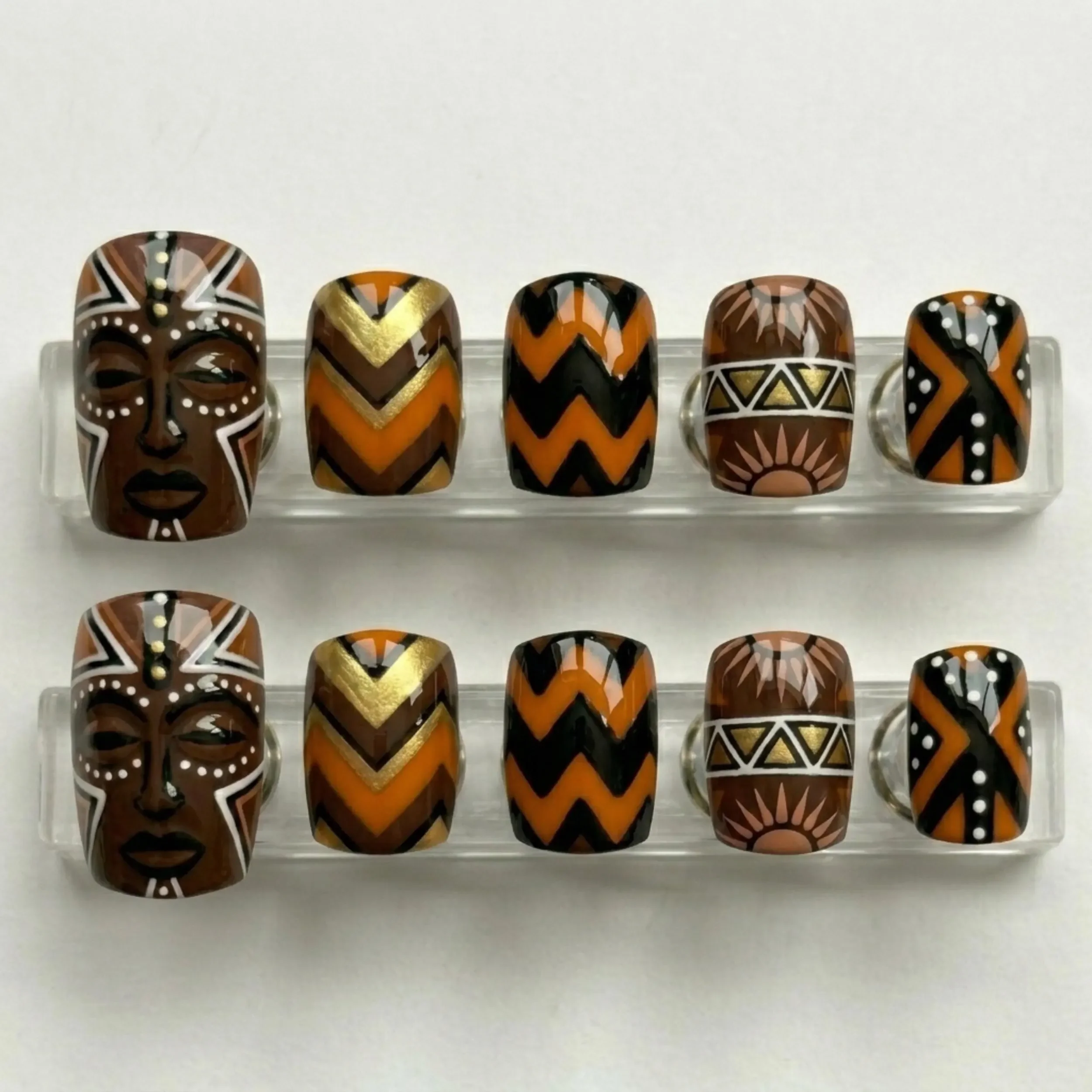 brown orange gold, tribal toe nails, press on nails, custom press on nails, fake nails, Nails Art, stained glass nails, gold press on nails, 3d press on nails, luxury press on nails, handmade press on nails