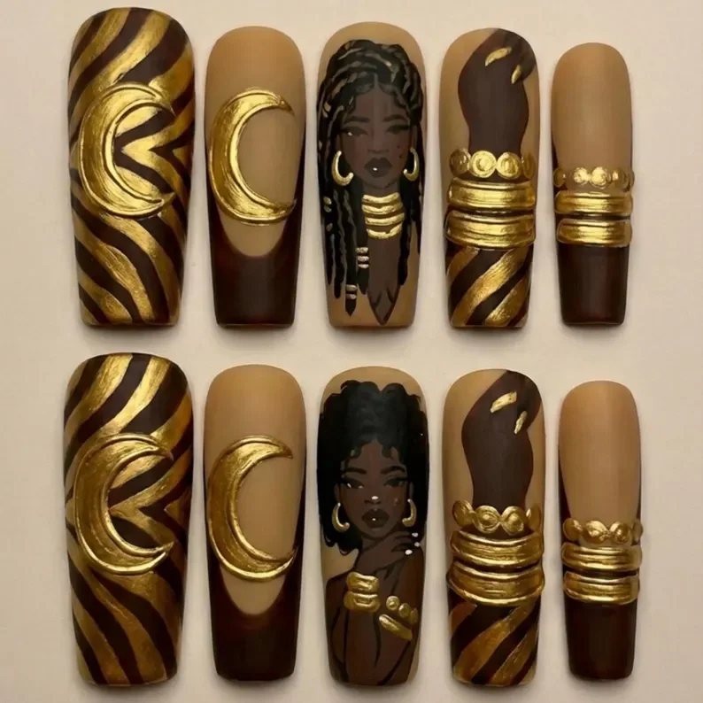Afrocentric Goddess, Lunar Queen, press on nails, custom press on nails, fake nails, Nails Art, stained glass nails, gold press on nails, 3d press on nails, luxury press on nails, handmade press on nails