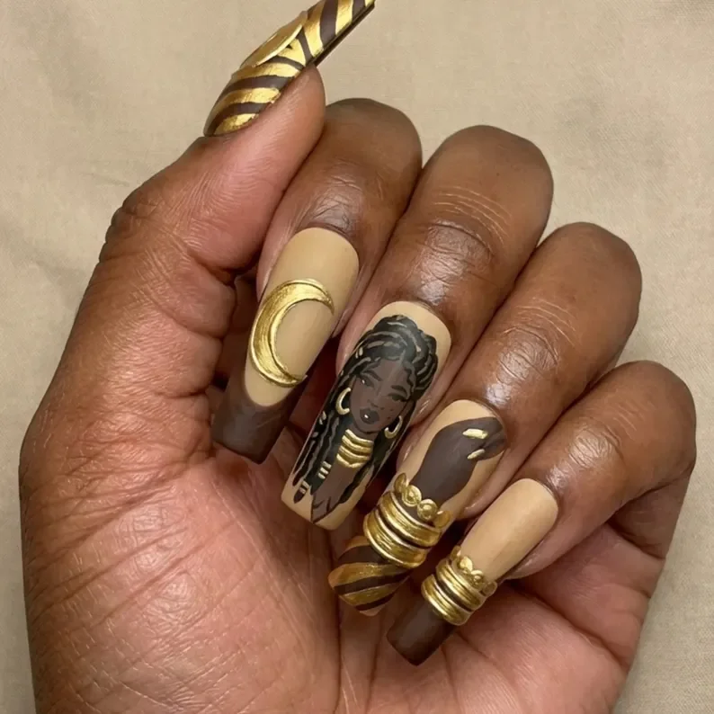 Portrait Nail Art, Gold Moon Nails, press on nails, custom press on nails, fake nails, Nails Art, stained glass nails, gold press on nails, 3d press on nails, luxury press on nails, handmade press on nails