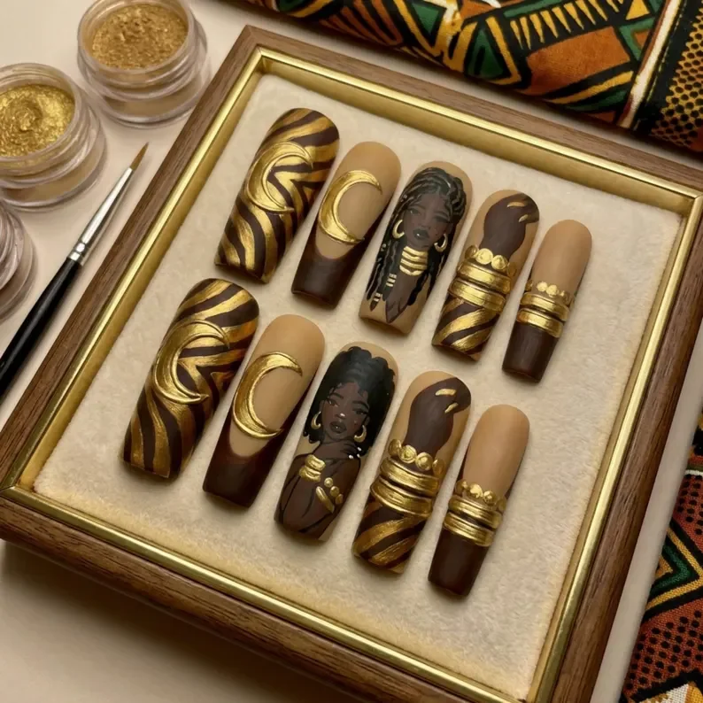 Queen Nail Art, Afrocentric Nail Design, press on nails, custom press on nails, fake nails, Nails Art, stained glass nails, gold press on nails, 3d press on nails, luxury press on nails, handmade press on nails