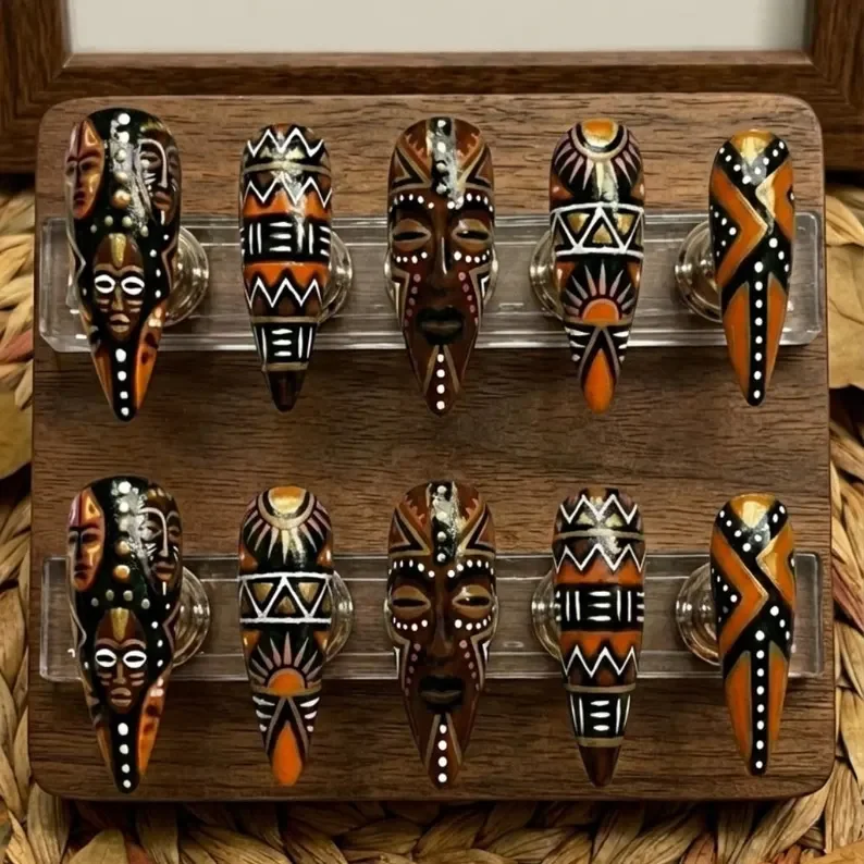 African mask art, tribal art design, press on nails, custom press on nails, fake nails, Nails Art, stained glass nails, gold press on nails, 3d press on nails, luxury press on nails, handmade press on nails