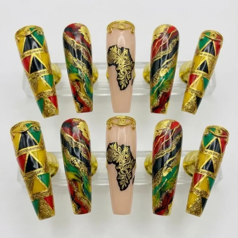Afrocentric press on nails, Black History Month nails, press on nails, custom press on nails, fake nails, Nails Art, stained glass nails, gold press on nails, 3d press on nails, luxury press on nails, handmade press on nails