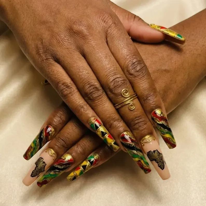Melanin magic nails, Art press on nails, press on nails, custom press on nails, fake nails, Nails Art, stained glass nails, gold press on nails, 3d press on nails, luxury press on nails, handmade press on nails