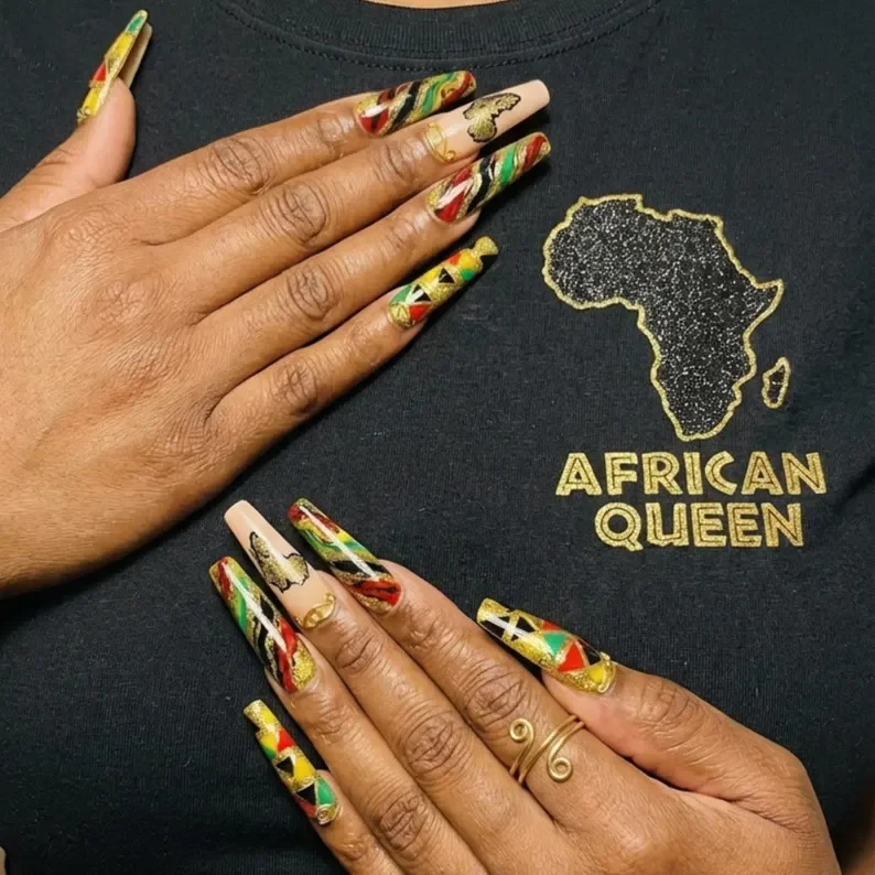 Black history month decor, Luxury nail set, press on nails, custom press on nails, fake nails, Nails Art, stained glass nails, gold press on nails, 3d press on nails, luxury press on nails, handmade press on nails