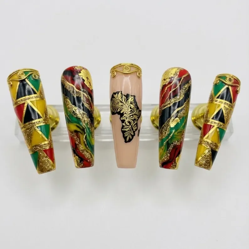Afrocentric press on nails, Black History Month nails, press on nails, custom press on nails, fake nails, Nails Art, stained glass nails, gold press on nails, 3d press on nails, luxury press on nails, handmade press on nails