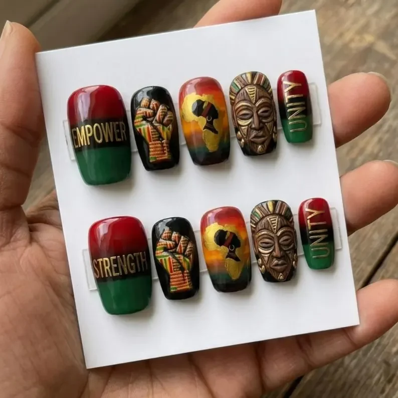 Afrocentric press on nails, Black History Month nails, press on nails, custom press on nails, fake nails, Nails Art, stained glass nails, gold press on nails, 3d press on nails, luxury press on nails, handmade press on nails