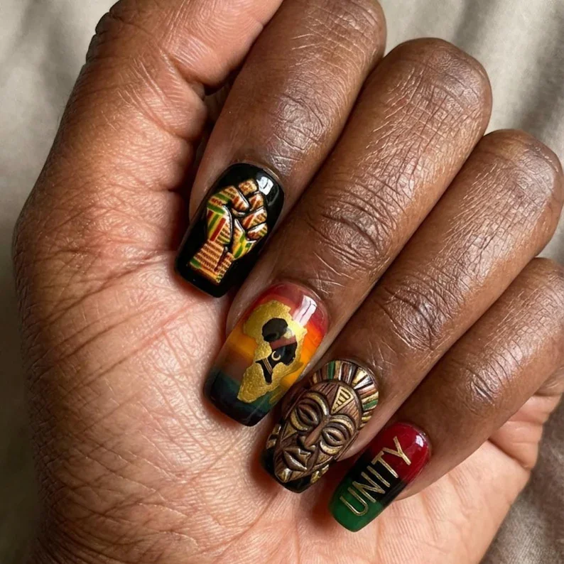 Black history month, Afrocentric nail art, press on nails, custom press on nails, fake nails, Nails Art, stained glass nails, gold press on nails, 3d press on nails, luxury press on nails, handmade press on nails
