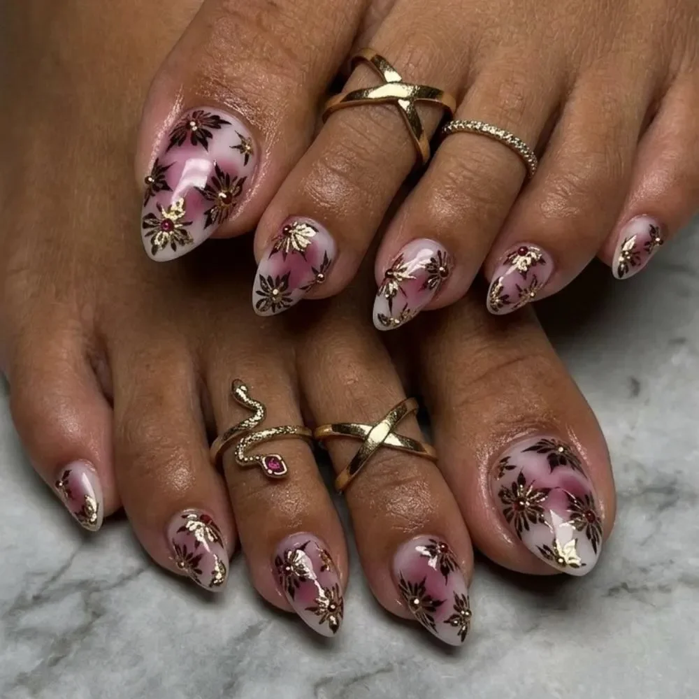 almond aura press on, plum pink gradient, press on nails, custom press on nails, fake nails, Nails Art, stained glass nails, gold press on nails, 3d press on nails, luxury press on nails, handmade press on nails