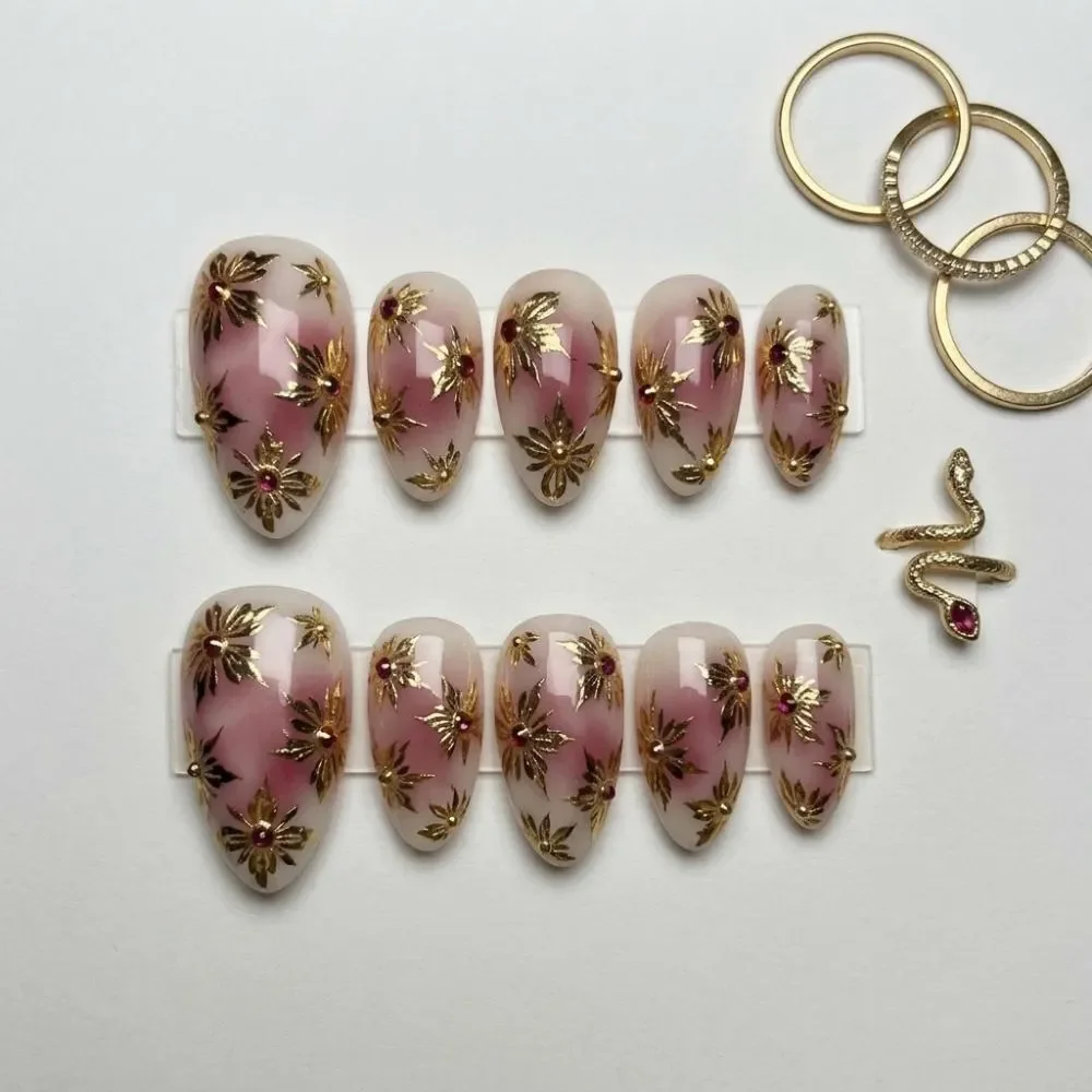 metallic gold flowers, handmade pedicure, press on nails, custom press on nails, fake nails, Nails Art, stained glass nails, gold press on nails, 3d press on nails, luxury press on nails, handmade press on nails