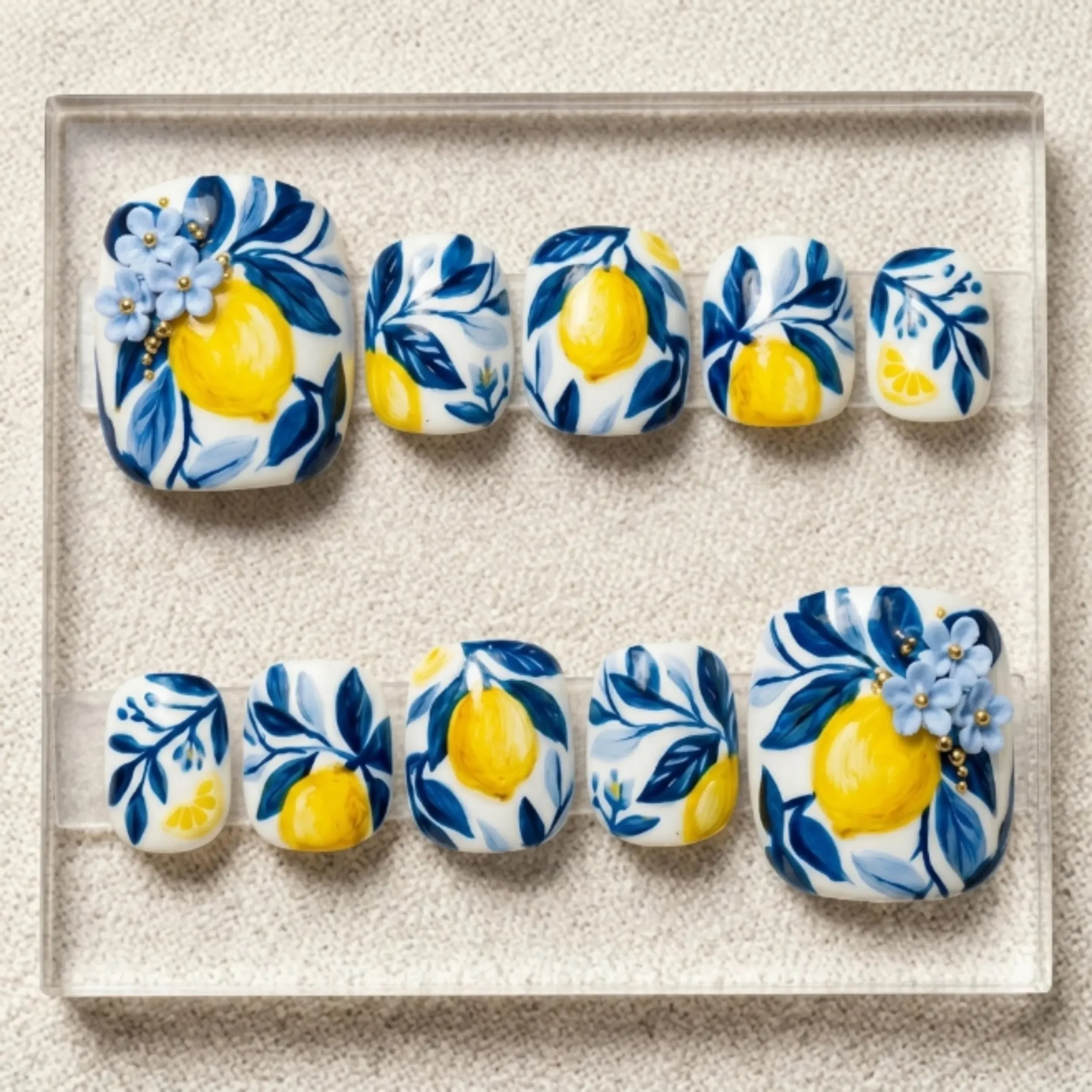 Amalfi Lemon Bloom, Hand-Painted 3D, press on nails, custom press on nails, fake nails, Nails Art, stained glass nails, gold press on nails, 3d press on nails, luxury press on nails, handmade press on nails