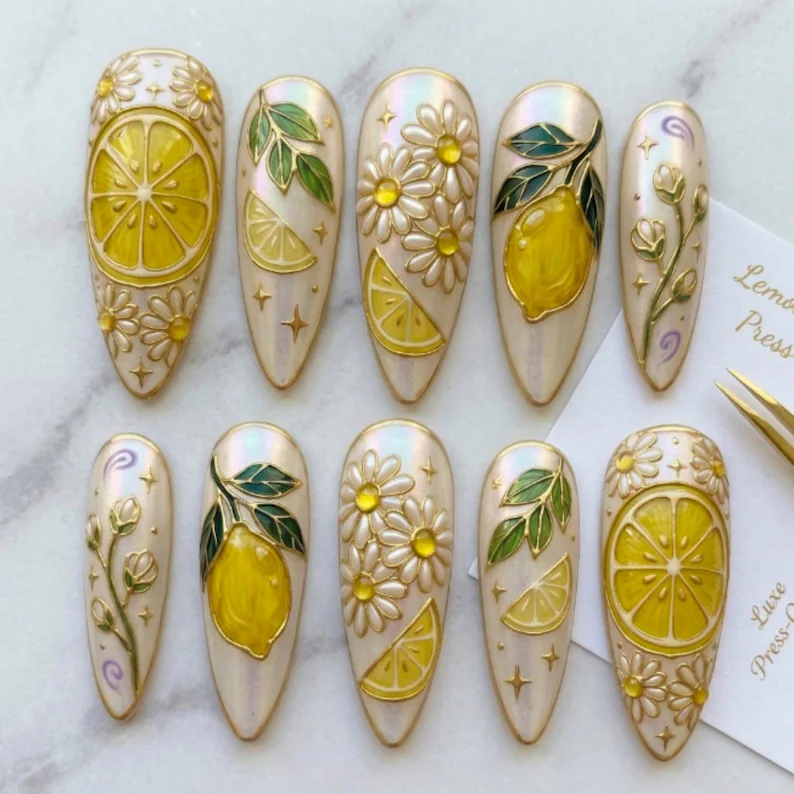 Hand-Painted 3D, Stained Glass Nails, press on nails, custom press on nails, fake nails, Nails Art, stained glass nails, gold press on nails, 3d press on nails, luxury press on nails, handmade press on nails
