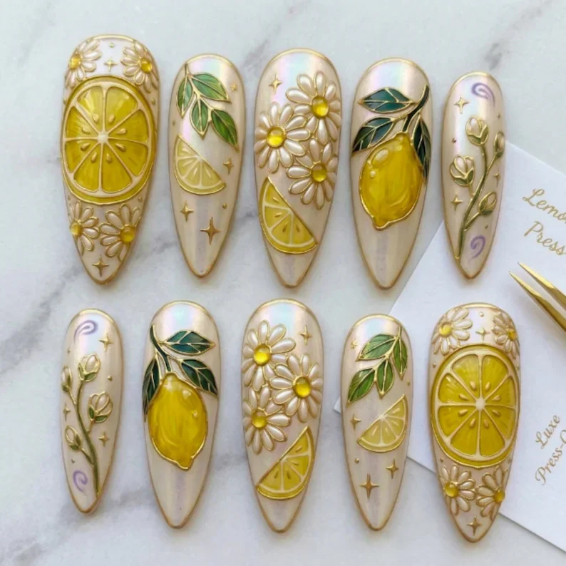 AMALFI SUNSHINE, Hand-Painted 3D, press on nails, custom press on nails, fake nails, Nails Art, stained glass nails, gold press on nails, 3d press on nails, luxury press on nails, handmade press on nails
