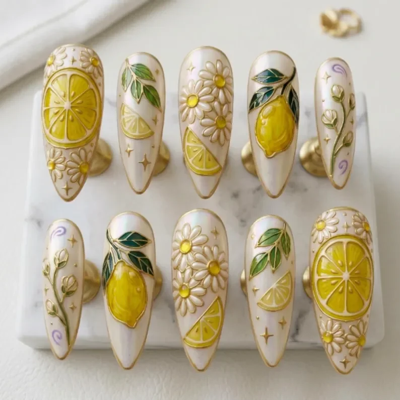Lemon Daisy Nails, AMALFI SUNSHINE, press on nails, custom press on nails, fake nails, Nails Art, stained glass nails, gold press on nails, 3d press on nails, luxury press on nails, handmade press on nails