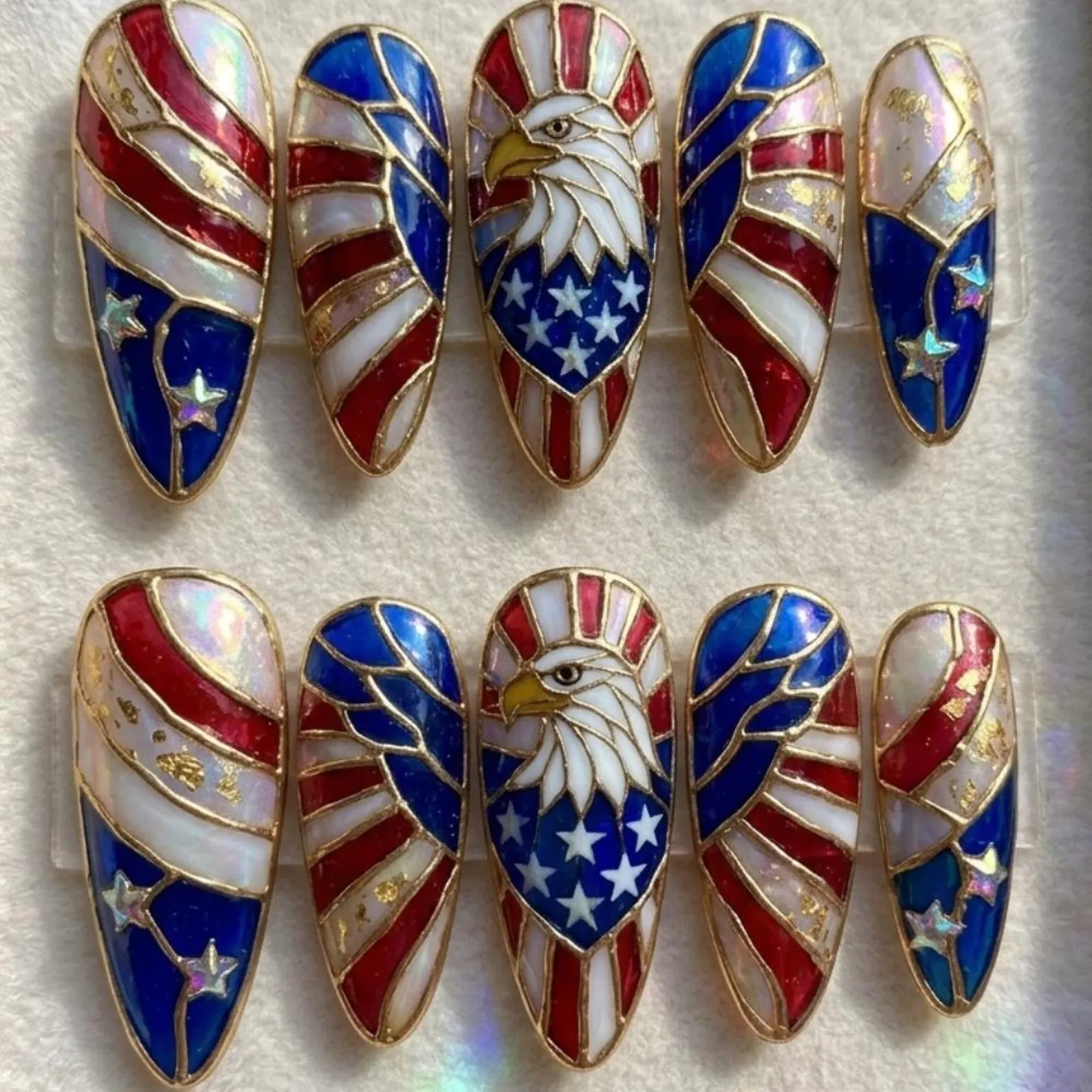patriotic nails, American flag nails, press on nails, custom press on nails, fake nails, Nails Art, stained glass nails, gold press on nails, 3d press on nails, luxury press on nails, handmade press on nails