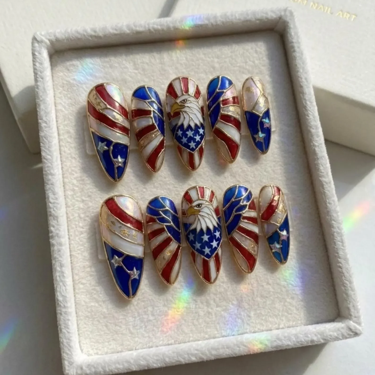 4th of July, July nail art, press on nails, custom press on nails, fake nails, Nails Art, stained glass nails, gold press on nails, 3d press on nails, luxury press on nails, handmade press on nails
