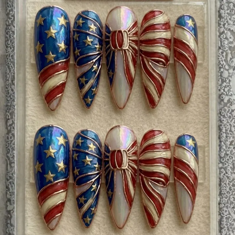 USA flag nails, press on nails, custom press on nails, fake nails, Nails Art, stained glass nails, gold press on nails, 3d press on nails, luxury press on nails, handmade press on nails