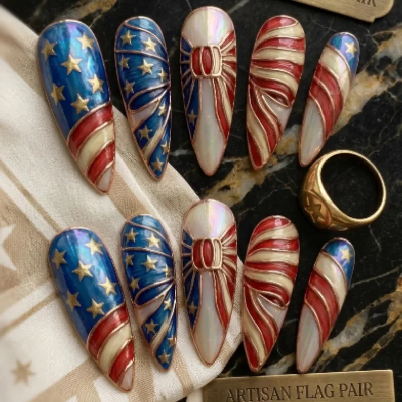 American flag nails, stained glass nails, press on nails, custom press on nails, fake nails, Nails Art, gold press on nails, 3d press on nails, luxury press on nails, handmade press on nails