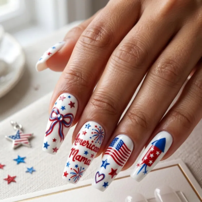 Luxury press on, 3D patriotic bows, press on nails, custom press on nails, fake nails, Nails Art, stained glass nails, gold press on nails, 3d press on nails, luxury press on nails, handmade press on nails