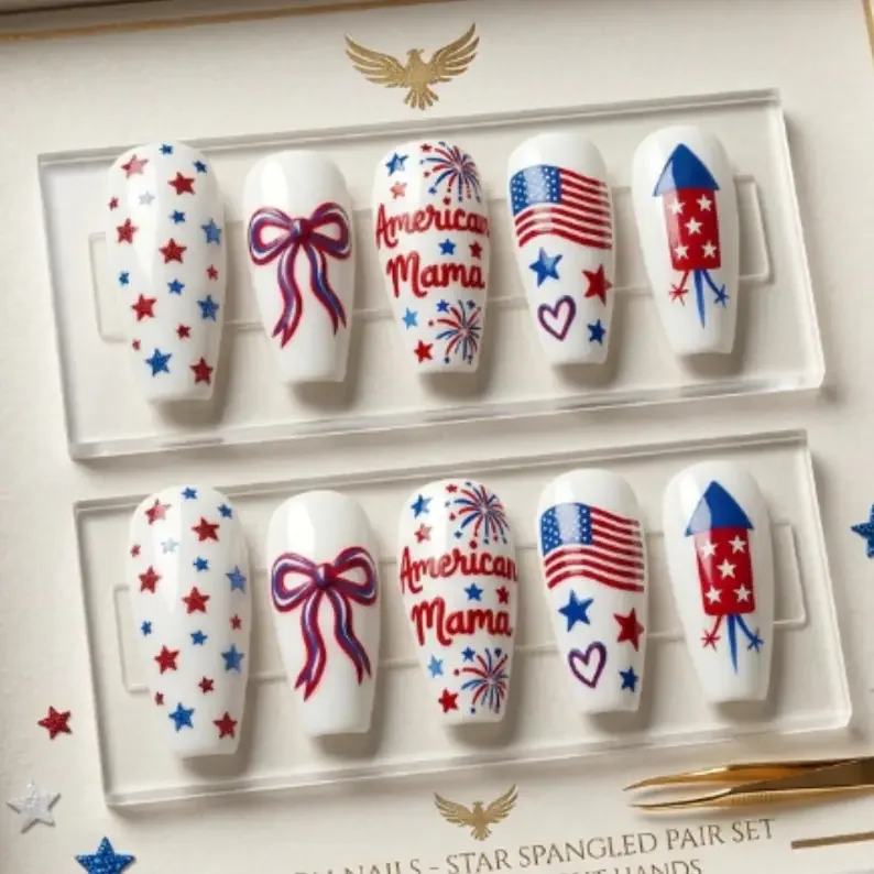 3D patriotic bows, patriotic nail art, press on nails, custom press on nails, fake nails, Nails Art, stained glass nails, gold press on nails, 3d press on nails, luxury press on nails, handmade press on nails