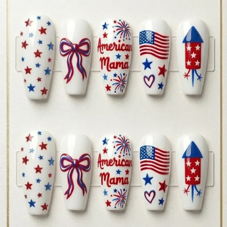 American themed nails, American Mama, press on nails, custom press on nails, fake nails, Nails Art, stained glass nails, gold press on nails, 3d press on nails, luxury press on nails, handmade press on nails