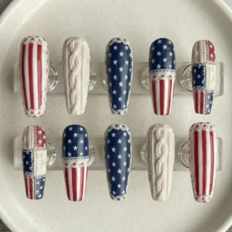 Americana 3D Nails, Cable Knit Lace, press on nails, custom press on nails, fake nails, Nails Art, stained glass nails, gold press on nails, 3d press on nails, luxury press on nails, handmade press on nails