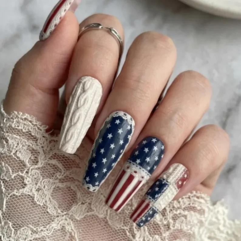 Patriot Press On, Luxury Red White, press on nails, custom press on nails, fake nails, Nails Art, stained glass nails, gold press on nails, 3d press on nails, luxury press on nails, handmade press on nails