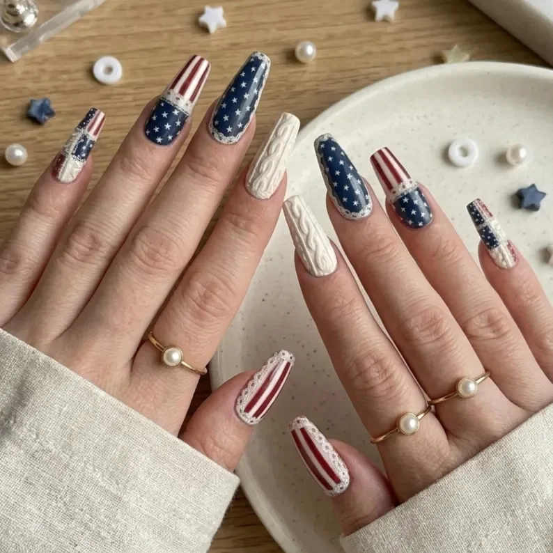 Blue Art Nails, Red White Blue, press on nails, custom press on nails, fake nails, Nails Art, stained glass nails, gold press on nails, 3d press on nails, luxury press on nails, handmade press on nails