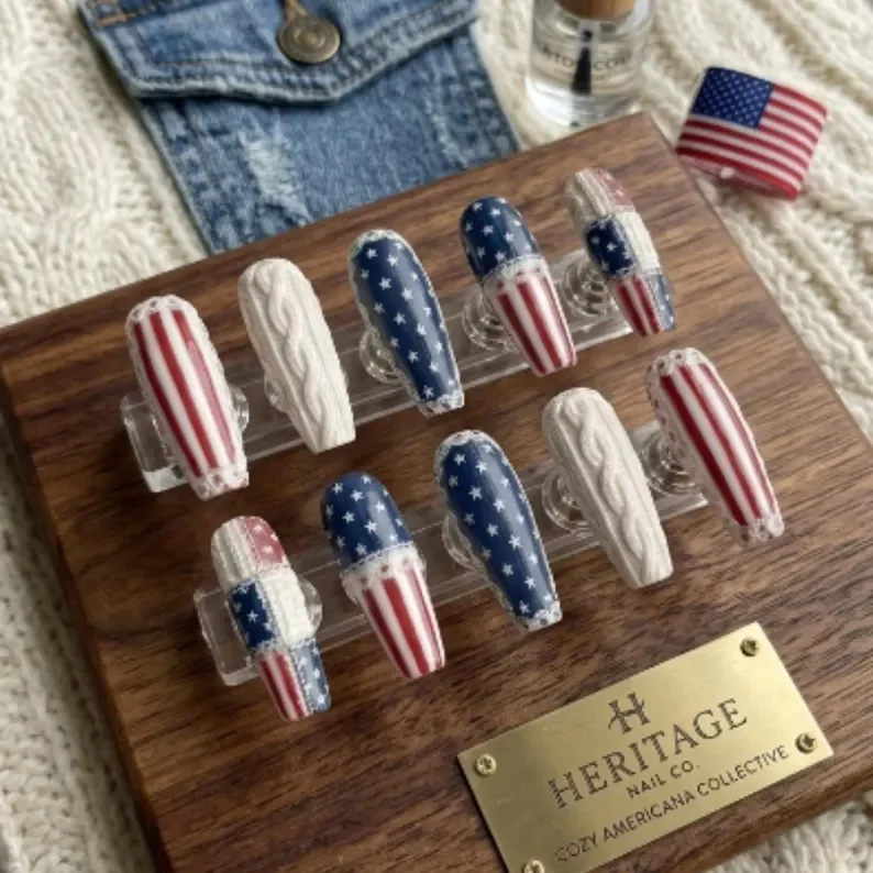 Lace Patriot Nails, Americana 3D Nails, press on nails, custom press on nails, fake nails, Nails Art, stained glass nails, gold press on nails, 3d press on nails, luxury press on nails, handmade press on nails