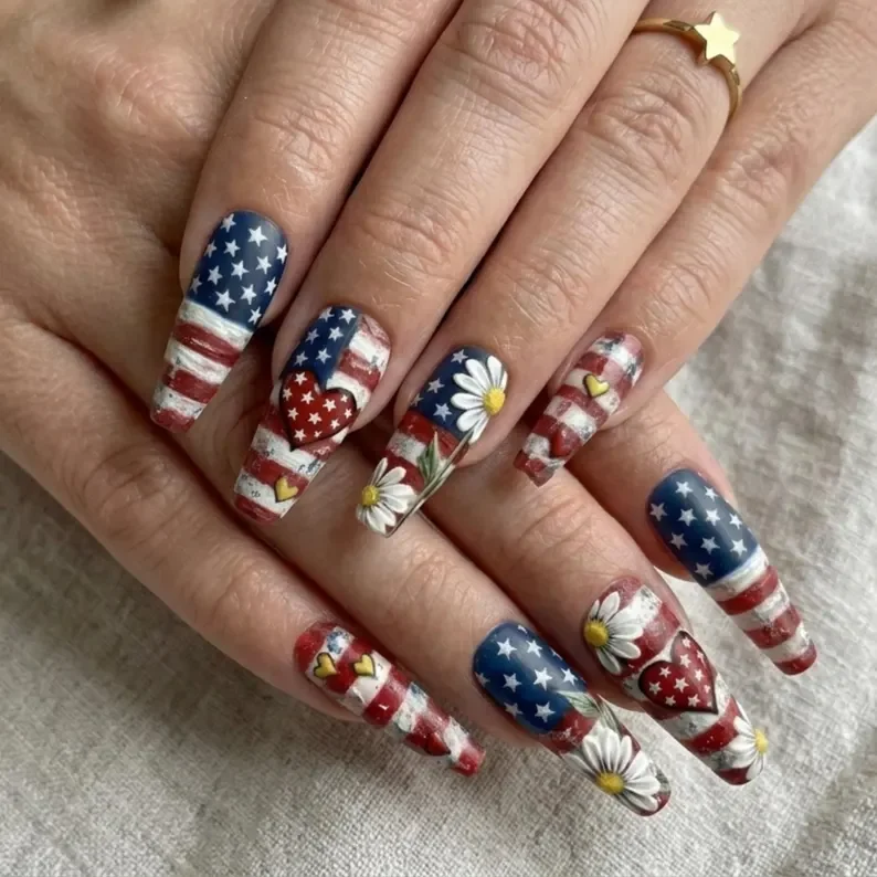 Americana 3D nails, Daisy press on, press on nails, custom press on nails, fake nails, Nails Art, stained glass nails, gold press on nails, 3d press on nails, luxury press on nails, handmade press on nails
