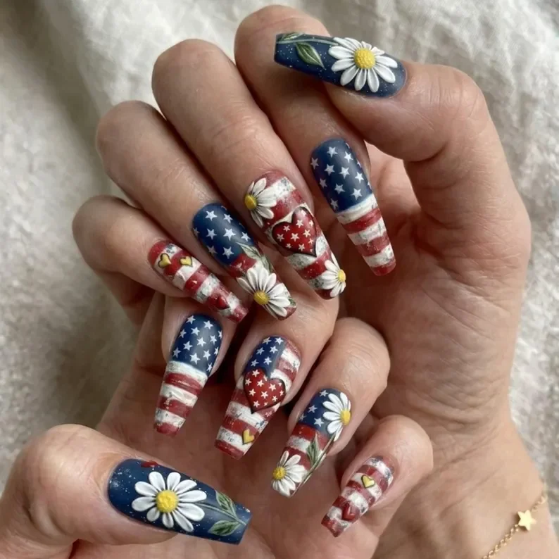 Summer patriotic, Americana nail design, press on nails, custom press on nails, fake nails, Nails Art, stained glass nails, gold press on nails, 3d press on nails, luxury press on nails, handmade press on nails
