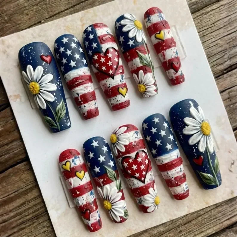 Americana 3D nails, Daisy press on, press on nails, custom press on nails, fake nails, Nails Art, stained glass nails, gold press on nails, 3d press on nails, luxury press on nails, handmade press on nails