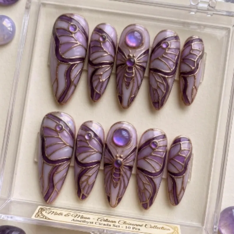 3D stained glass, moth wing nails, press on nails, custom press on nails, fake nails, Nails Art, stained glass nails, gold press on nails, 3d press on nails, luxury press on nails, handmade press on nails