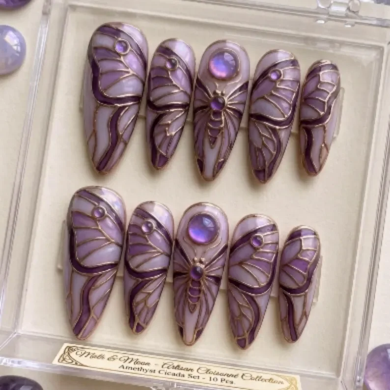 amethyst press on nails, cicada press on nails, press on nails, custom press on nails, fake nails, Nails Art, stained glass nails, gold press on nails, 3d press on nails, luxury press on nails, handmade press on nails