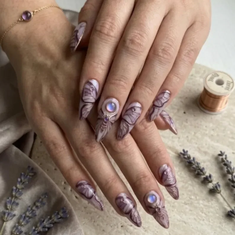 3D stained glass, moth wing nails, press on nails, custom press on nails, fake nails, Nails Art, stained glass nails, gold press on nails, 3d press on nails, luxury press on nails, handmade press on nails
