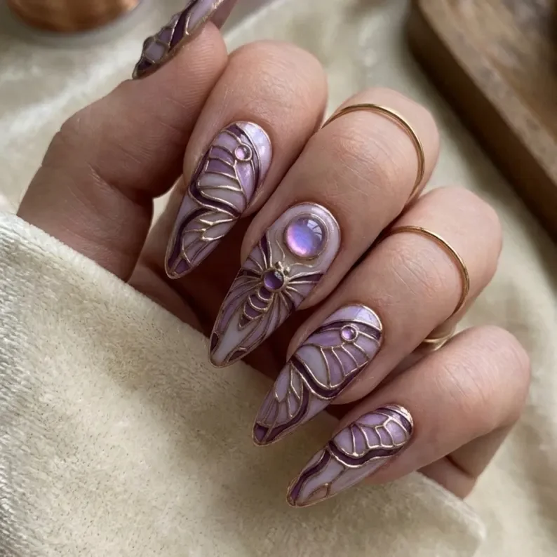 stained glass nails, amethyst nails, press on nails, custom press on nails, fake nails, Nails Art, gold press on nails, 3d press on nails, luxury press on nails, handmade press on nails