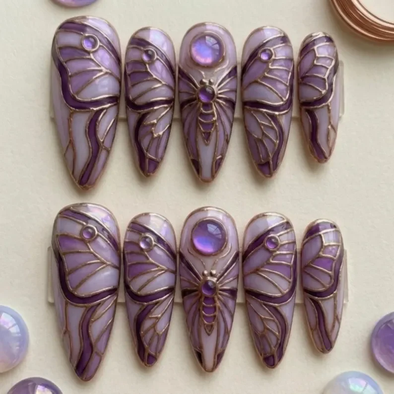 amethyst press on nails, cicada press on nails, press on nails, custom press on nails, fake nails, Nails Art, stained glass nails, gold press on nails, 3d press on nails, luxury press on nails, handmade press on nails