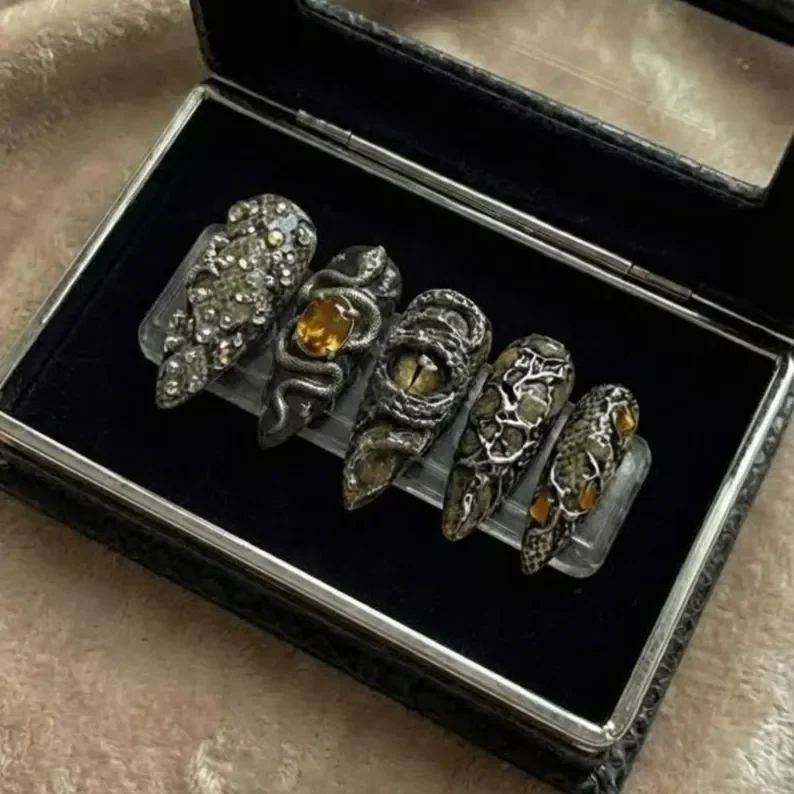 gothic serpent, serpent nail art, press on nails, custom press on nails, fake nails, Nails Art, stained glass nails, gold press on nails, 3d press on nails, luxury press on nails, handmade press on nails