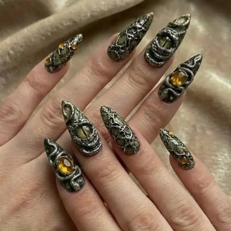 gemstone nail design, press on nails, custom press on nails, fake nails, Nails Art, stained glass nails, gold press on nails, 3d press on nails, luxury press on nails, handmade press on nails