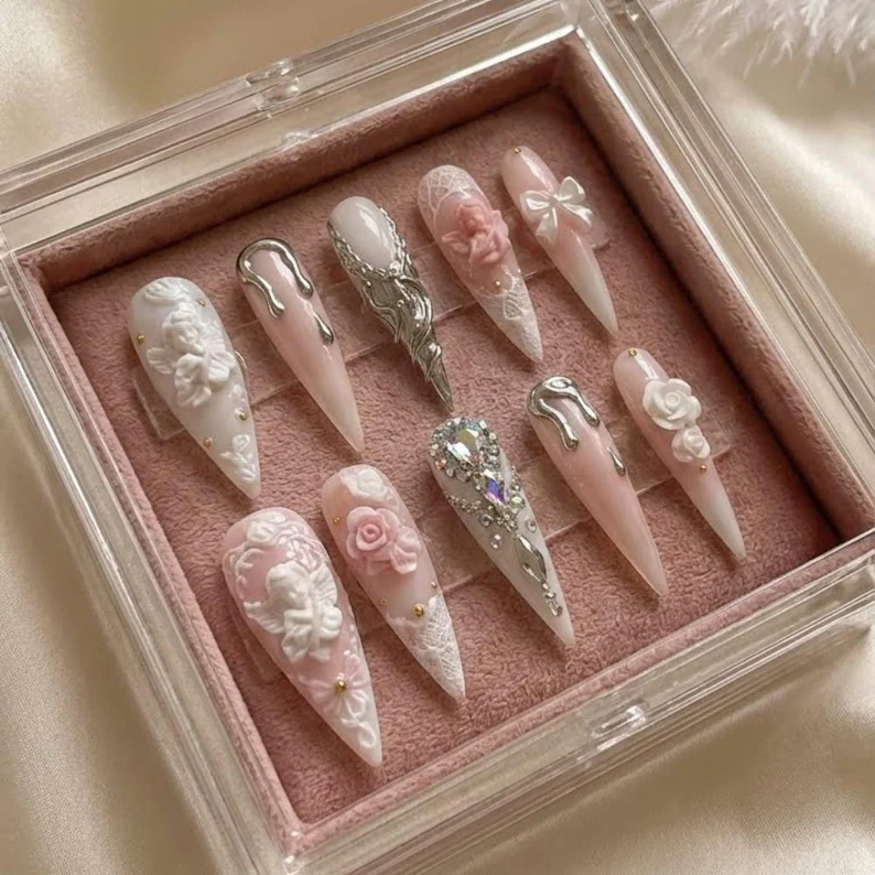 White Lace Nail Art, Coquette Nail Design, press on nails, custom press on nails, fake nails, Nails Art, stained glass nails, gold press on nails, 3d press on nails, luxury press on nails, handmade press on nails