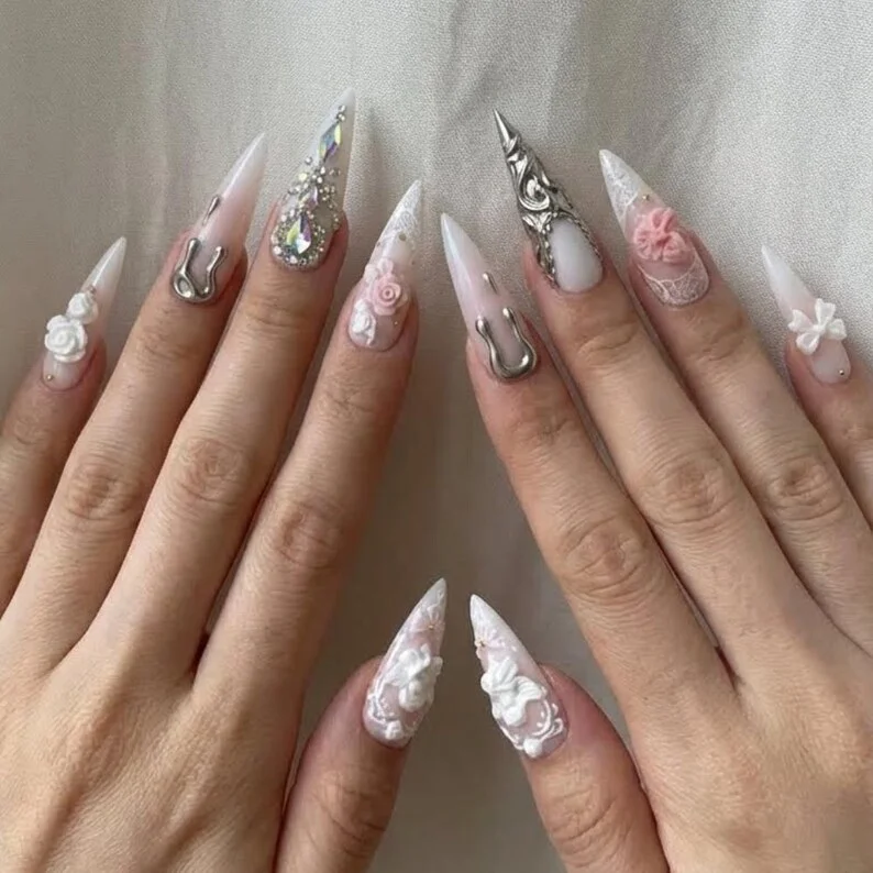 White Lace Nail Art, Coquette Nail Design, press on nails, custom press on nails, fake nails, Nails Art, stained glass nails, gold press on nails, 3d press on nails, luxury press on nails, handmade press on nails