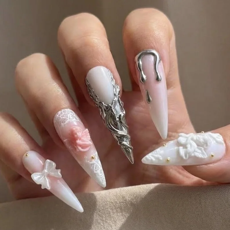 Angelic Cherub Nails, Lace Detail Press Ons, press on nails, custom press on nails, fake nails, Nails Art, stained glass nails, gold press on nails, 3d press on nails, luxury press on nails, handmade press on nails