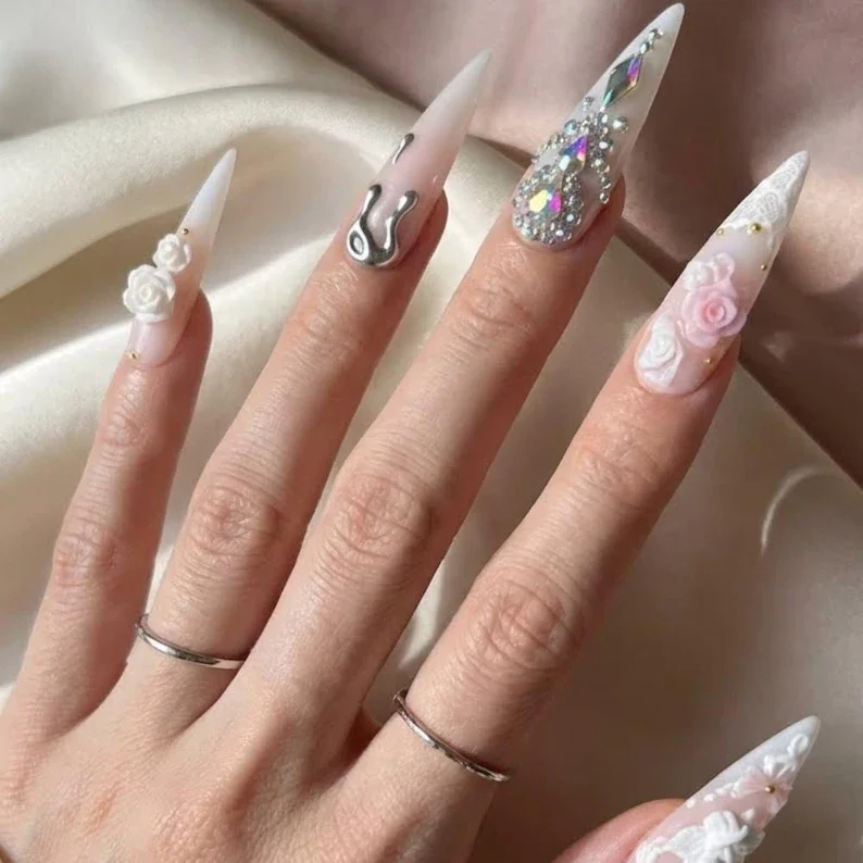 Pink White False Nails, 3D Embellished Nails, press on nails, custom press on nails, fake nails, Nails Art, stained glass nails, gold press on nails, 3d press on nails, luxury press on nails, handmade press on nails