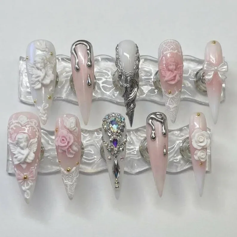 3D Cherub Press On Nails, Soft Pink Nail Set, press on nails, custom press on nails, fake nails, Nails Art, stained glass nails, gold press on nails, 3d press on nails, luxury press on nails, handmade press on nails