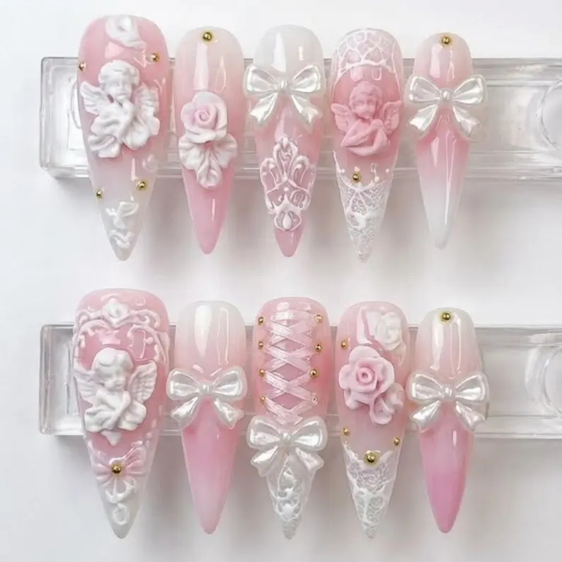 Coquette Corset, Pink Ombre Nails, press on nails, custom press on nails, fake nails, Nails Art, stained glass nails, gold press on nails, 3d press on nails, luxury press on nails, handmade press on nails