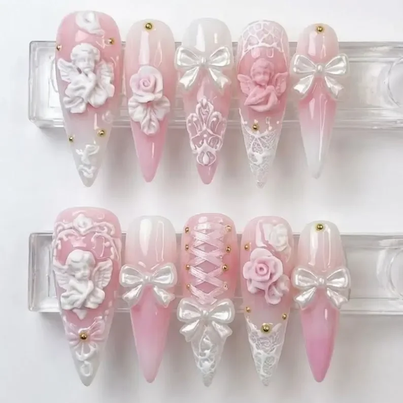 Angelic Pink Ombre, Press On Nails, press on nails, custom press on nails, fake nails, Nails Art, stained glass nails, gold press on nails, 3d press on nails, luxury press on nails, handmade press on nails