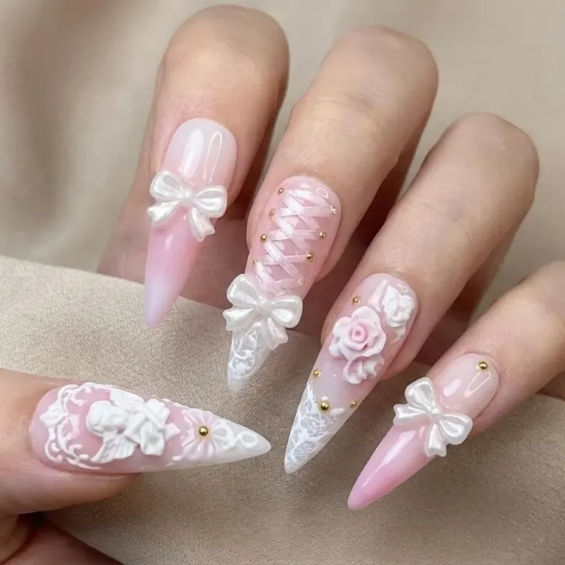3D Rococo Cherub, Ribbon Bows, press on nails, custom press on nails, fake nails, Nails Art, stained glass nails, gold press on nails, 3d press on nails, luxury press on nails, handmade press on nails