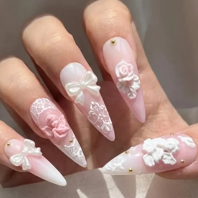 Coquette Corset, Pink Ombre Nails, press on nails, custom press on nails, fake nails, Nails Art, stained glass nails, gold press on nails, 3d press on nails, luxury press on nails, handmade press on nails