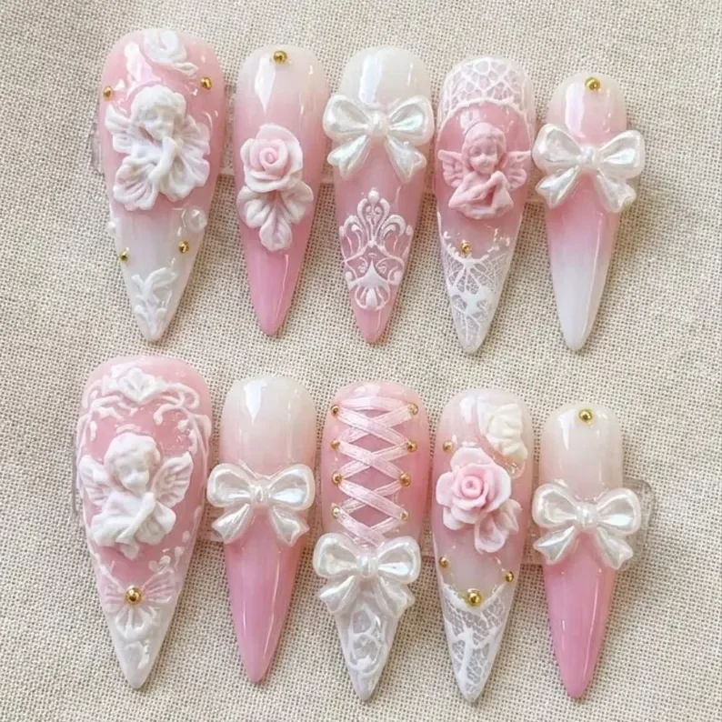Angelic Pink Ombre, Press On Nails, press on nails, custom press on nails, fake nails, Nails Art, stained glass nails, gold press on nails, 3d press on nails, luxury press on nails, handmade press on nails